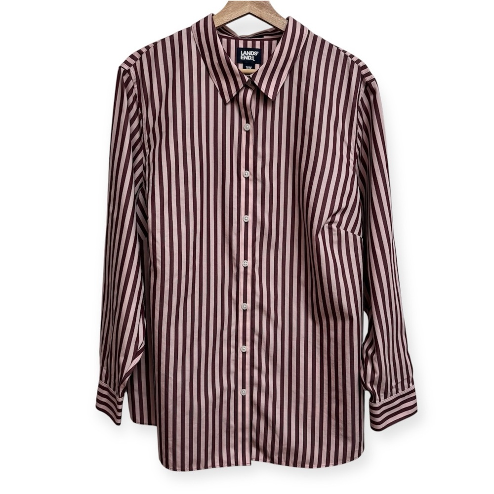 Lands' End Women's Long Sleeve Button-Down Shirt in Burgundy and White Stripe
